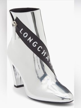 Longchamp Mirror Metallic Silver Logo Heeled Ankle Boot Designer 37